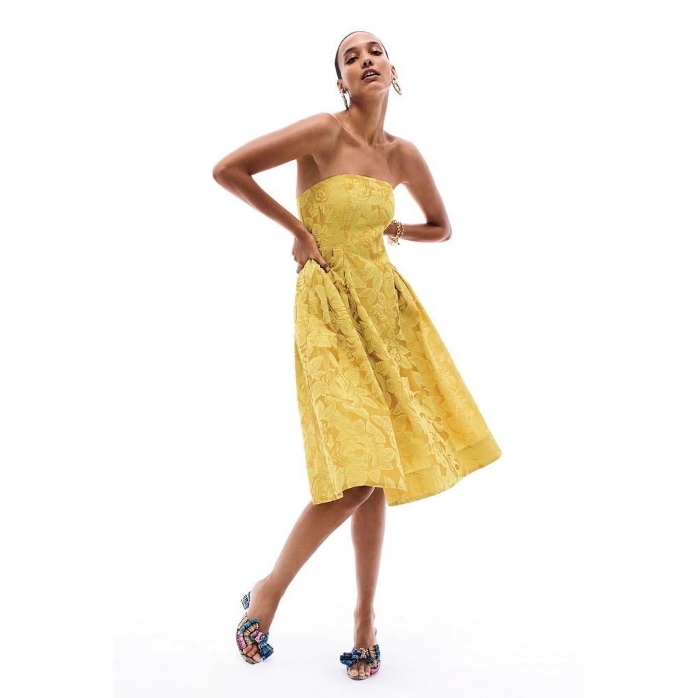 Maeve Jonquil Midi Dress 8 Mustard Floral Silk Cotton Cottagecore Strapless